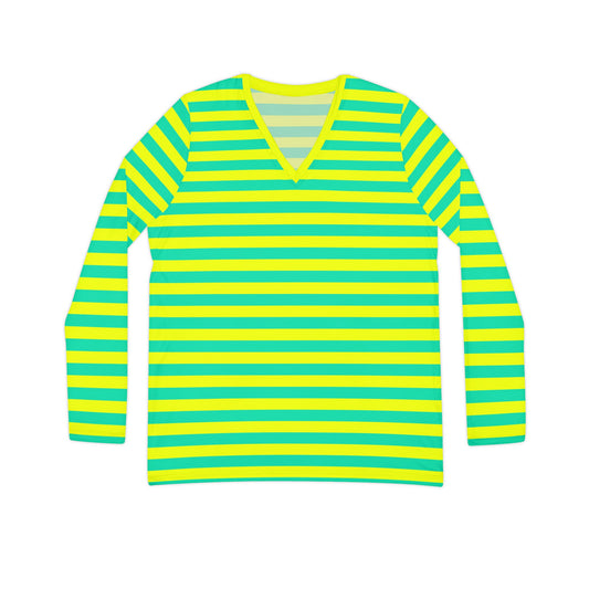 Lemon Lime Skinny Striped Women's Long Sleeve V-neck Shirt