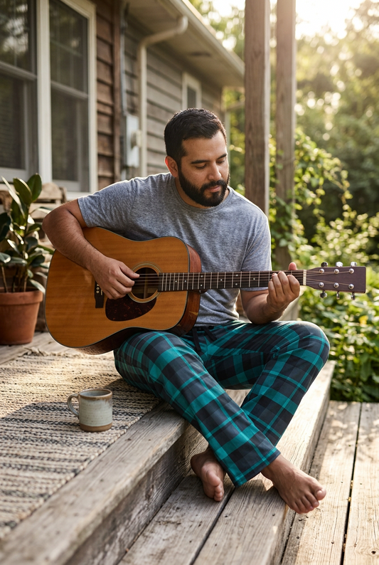 Man playing an acoustic guitar on a wooden porch while wearing Terra Conserva muted green plaid pajama pants