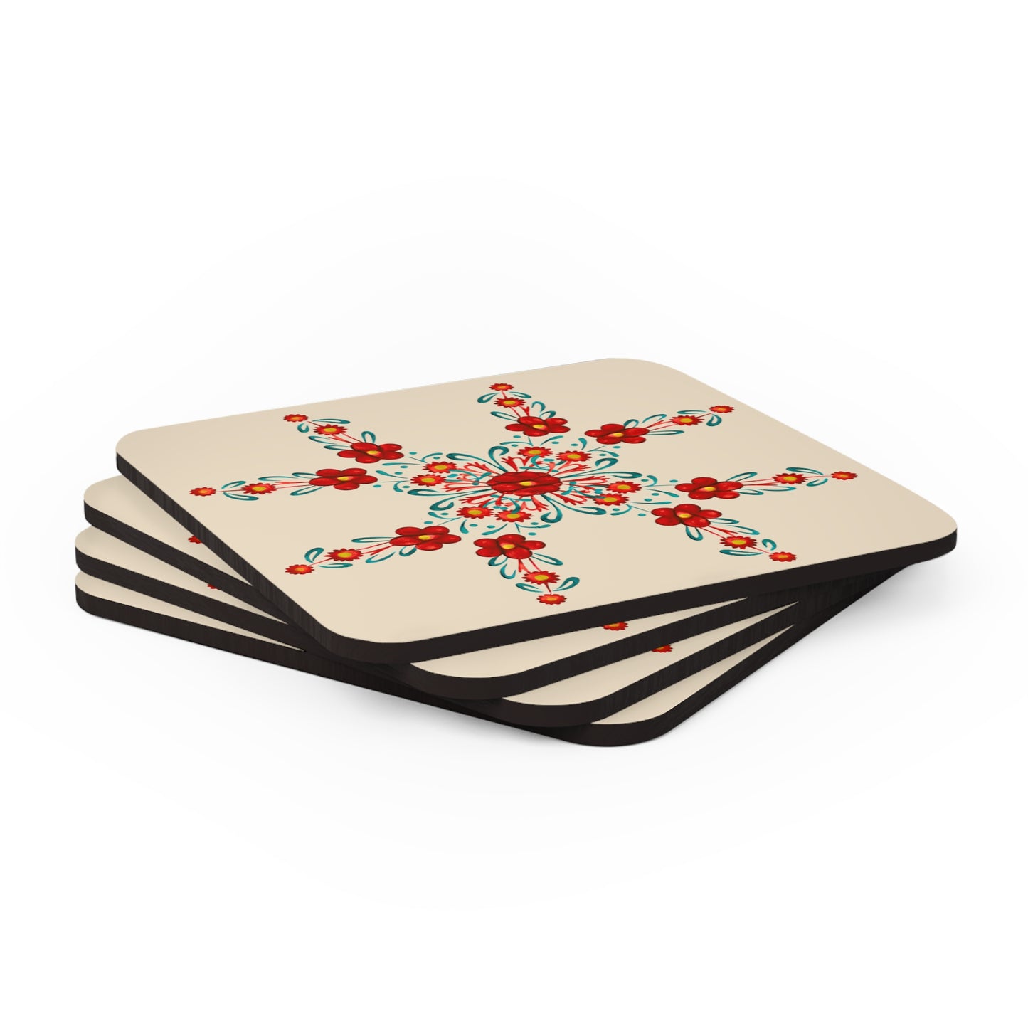 Painted Summer Flowers 4-Piece Corkwood Coaster Set