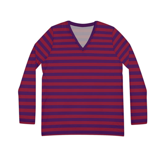 Red + Purple Skinny Striped Women's Long Sleeve V-neck Shirt