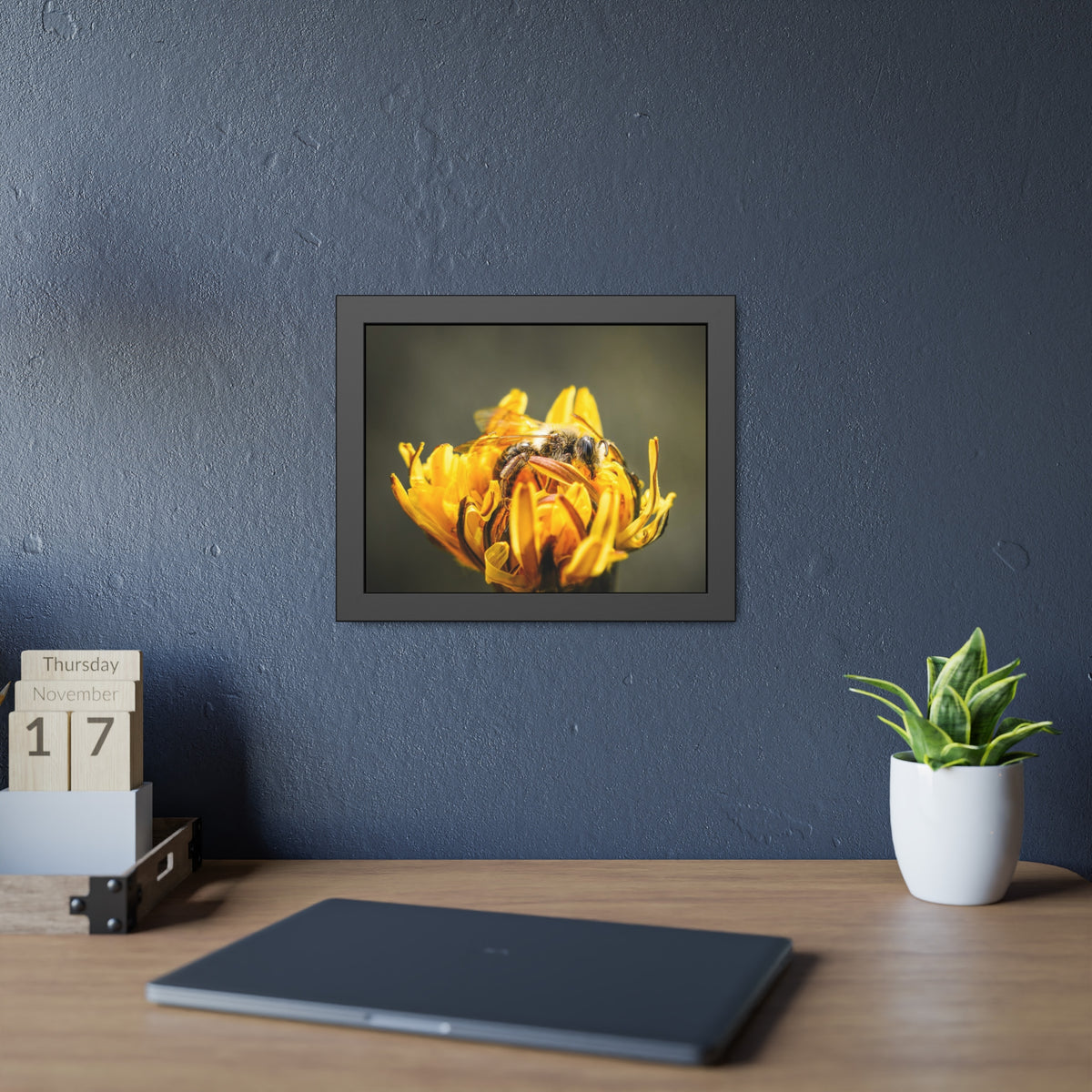 Macro Bee Pollinating Dandelion Framed Print | Nature Photography