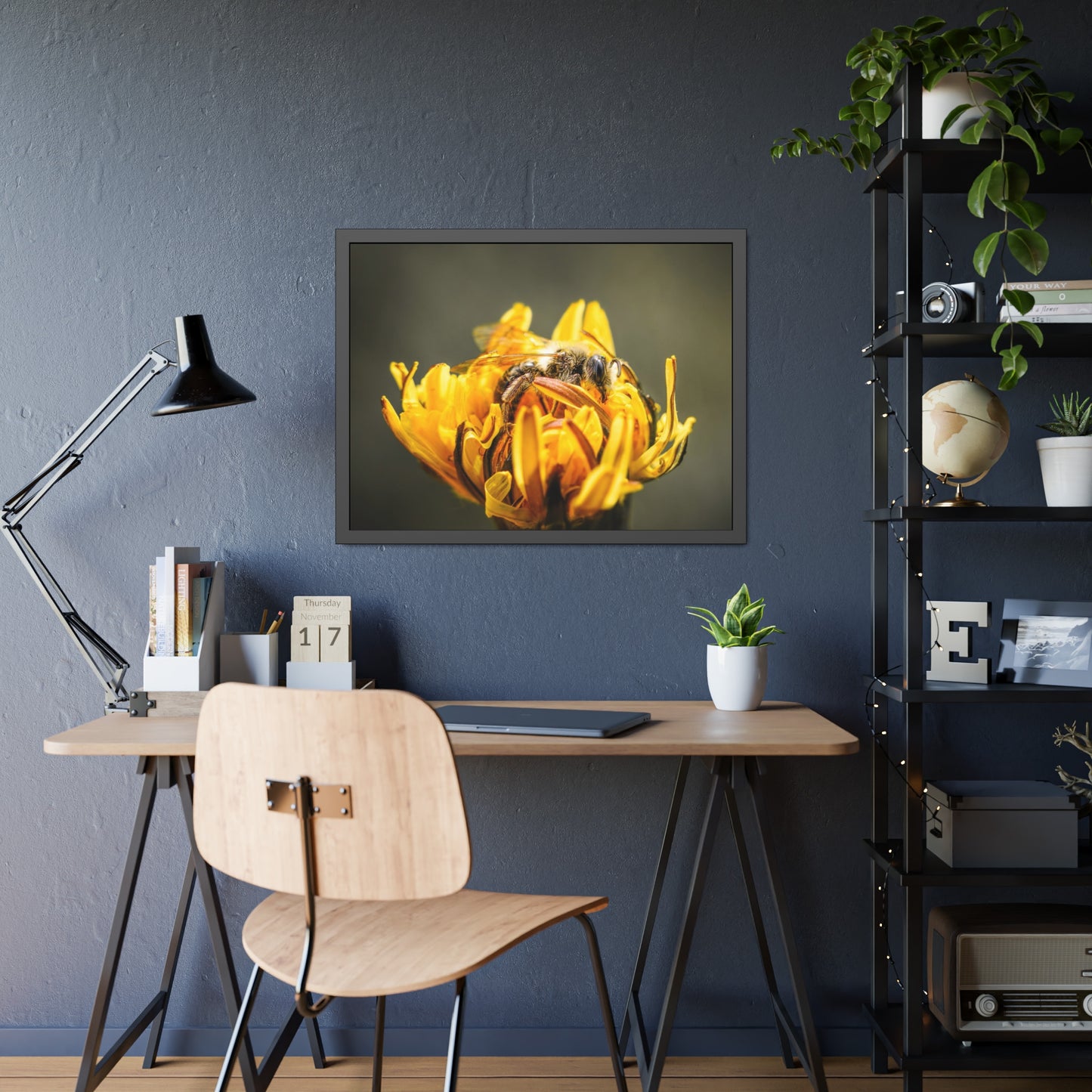 Macro Bee Pollinating Dandelion Framed Print | Nature Photography