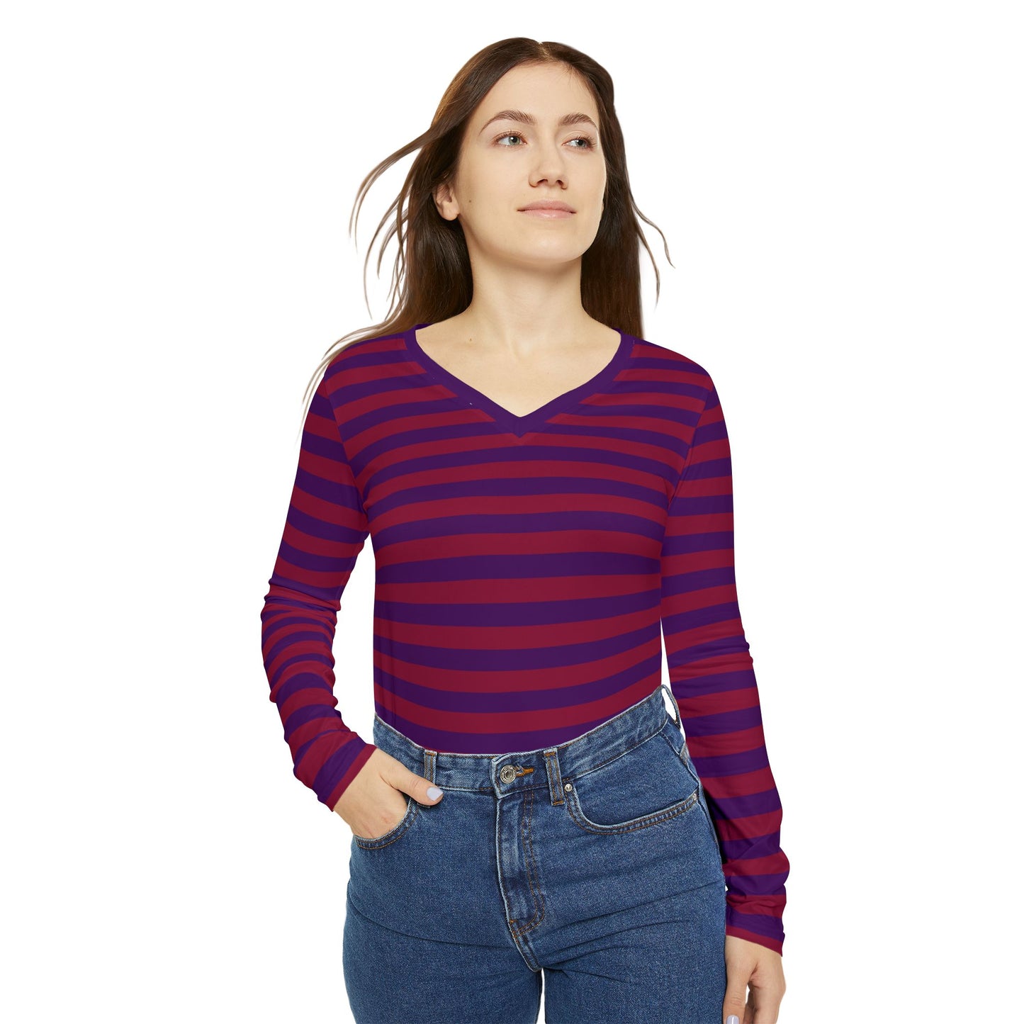 Red + Purple Skinny Striped Women's Long Sleeve V-neck Shirt