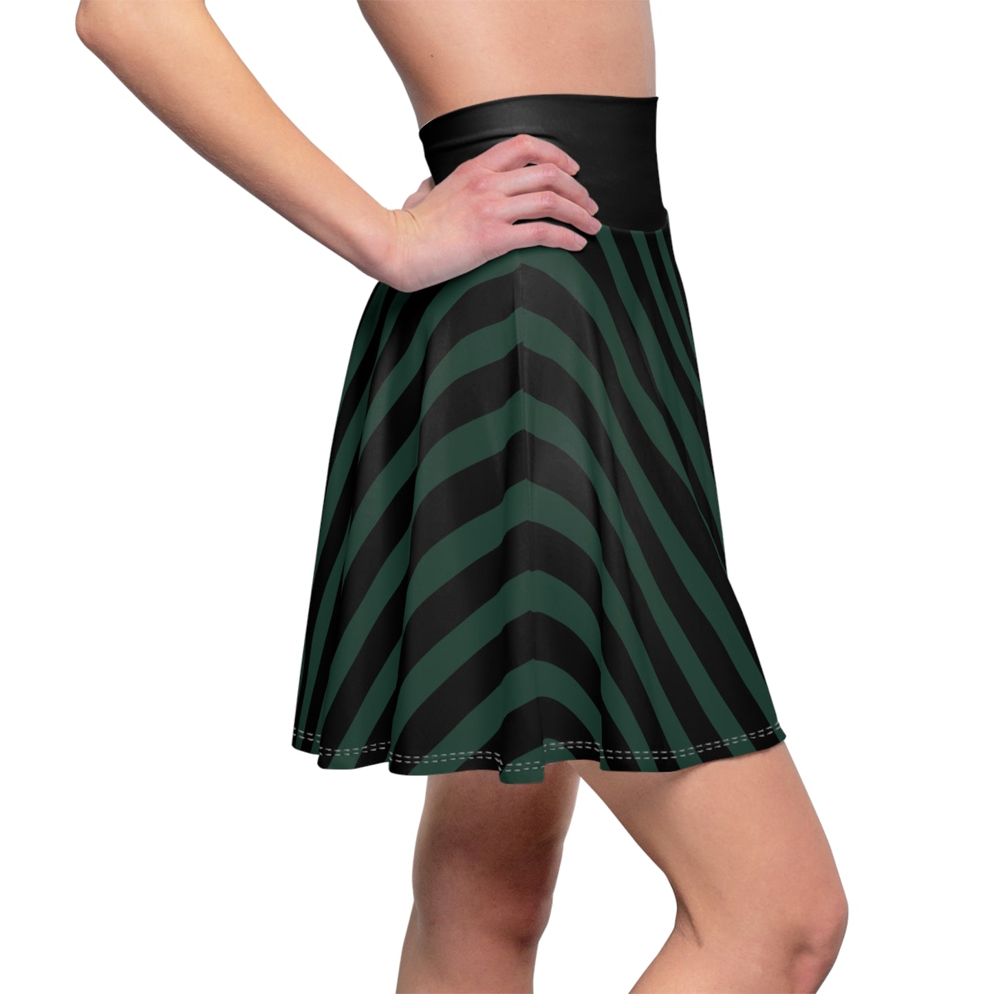 Dark Green + Black Striped Women's Flowy Skirt