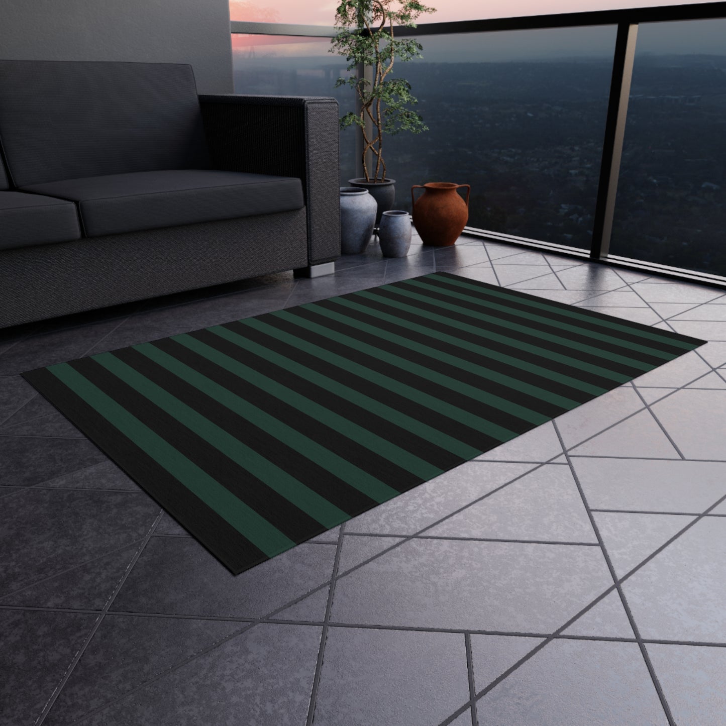 Black + Green Striped Outdoor Rug