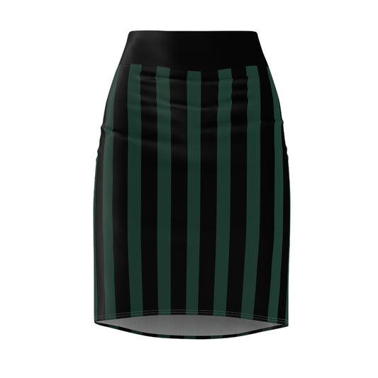 Dark Green + Black Striped Women's Pencil Skirt