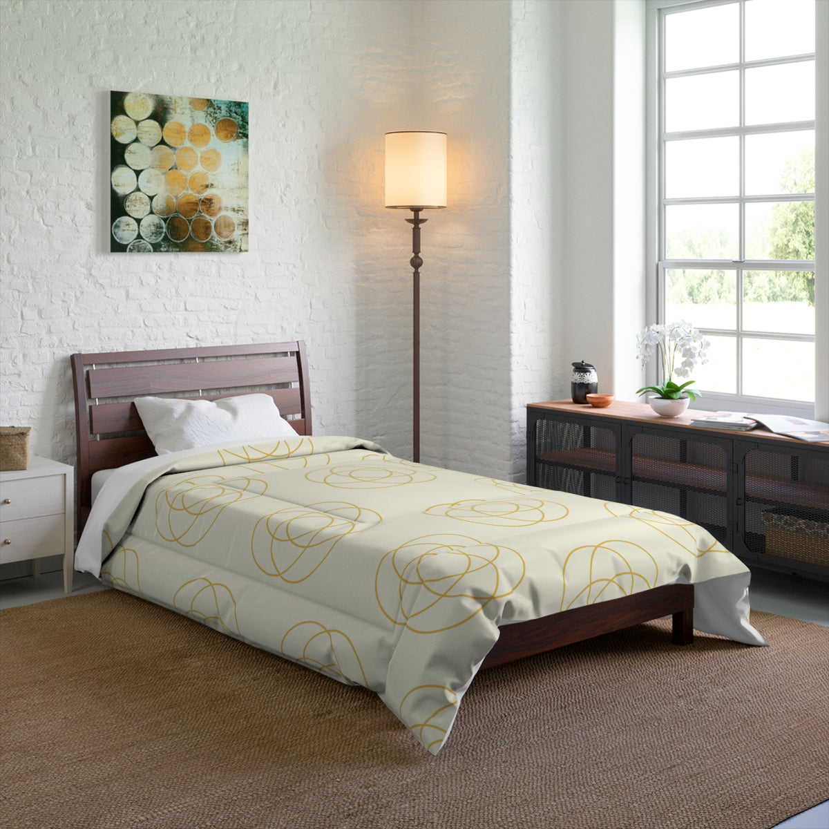 Creamy Intersecting Circles Polyester Comforter