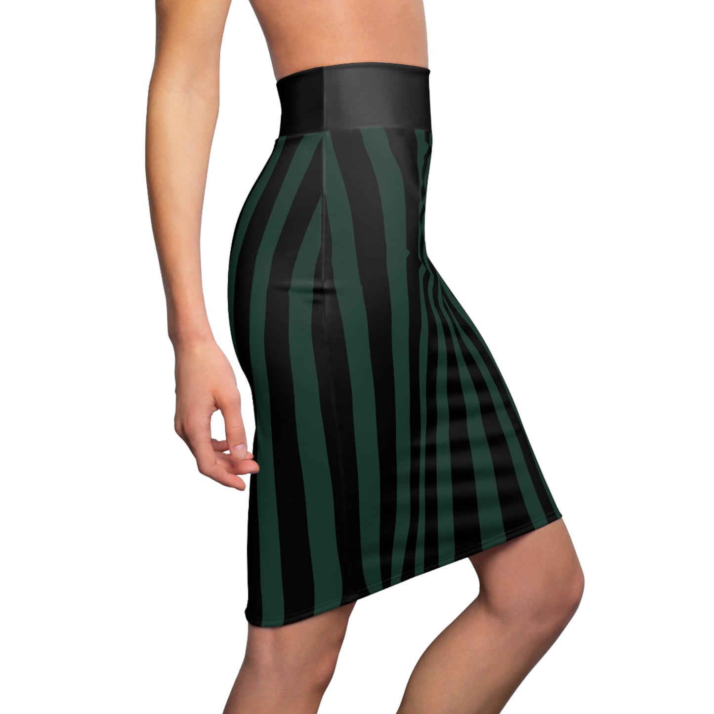 Dark Green + Black Striped Women's Pencil Skirt