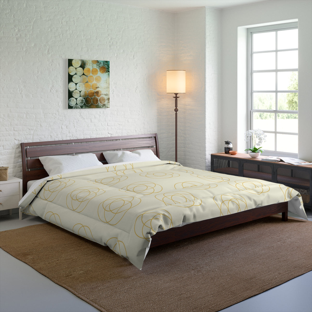 Creamy Intersecting Circles Polyester Comforter