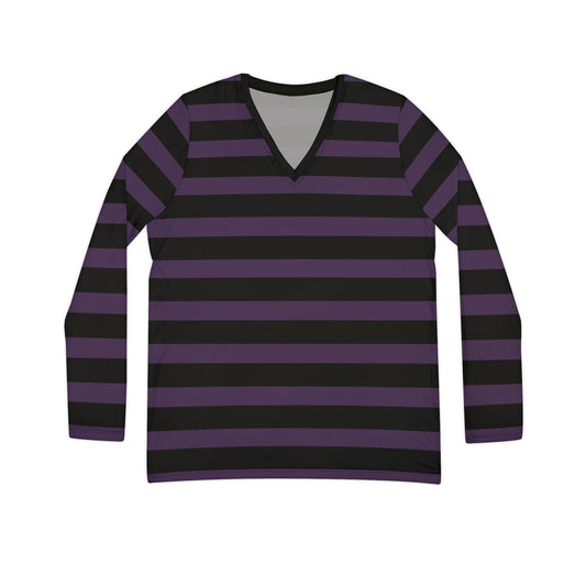 Purple + Black Striped Women's Long Sleeve V-neck Shirt