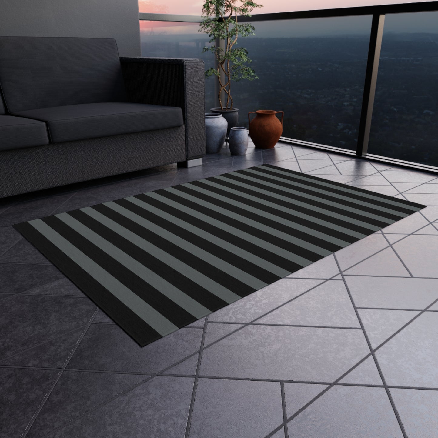 Black + Gray Striped Outdoor Rug