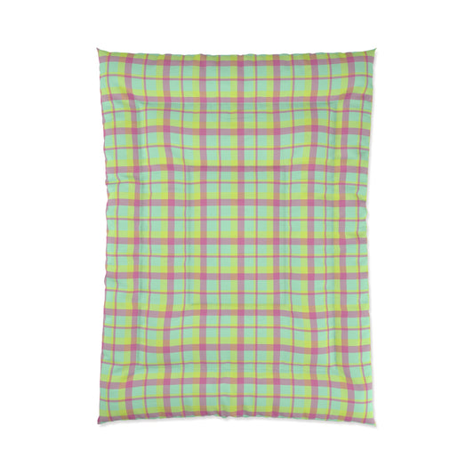 Neon Green + Pink Plaid Bedroom Comforter (Twin, Twin XL, Queen, King)