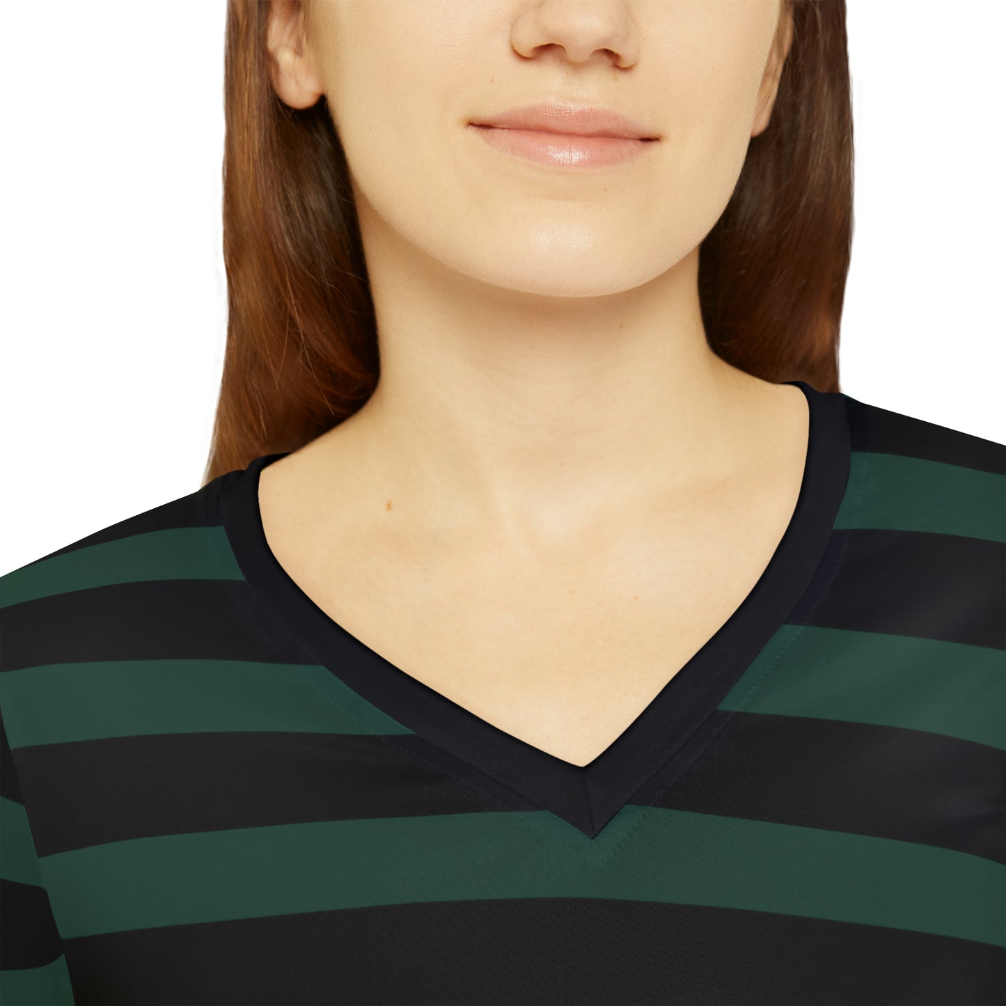 Dark Green + Black Striped Women's Long Sleeve V-neck Shirt