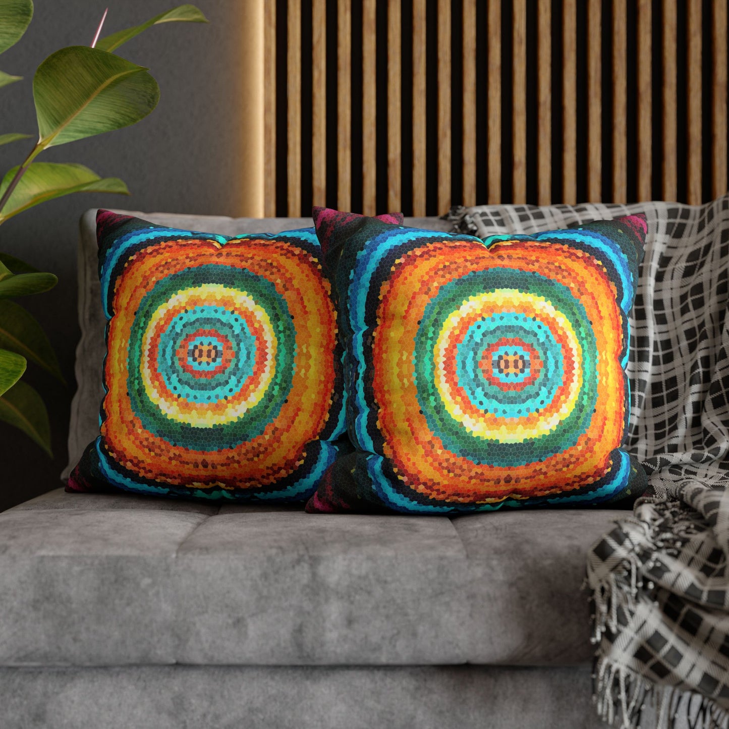 Pixel Mosaic Teal Orange Faux Suede Throw Pillow Case (multi sizes)