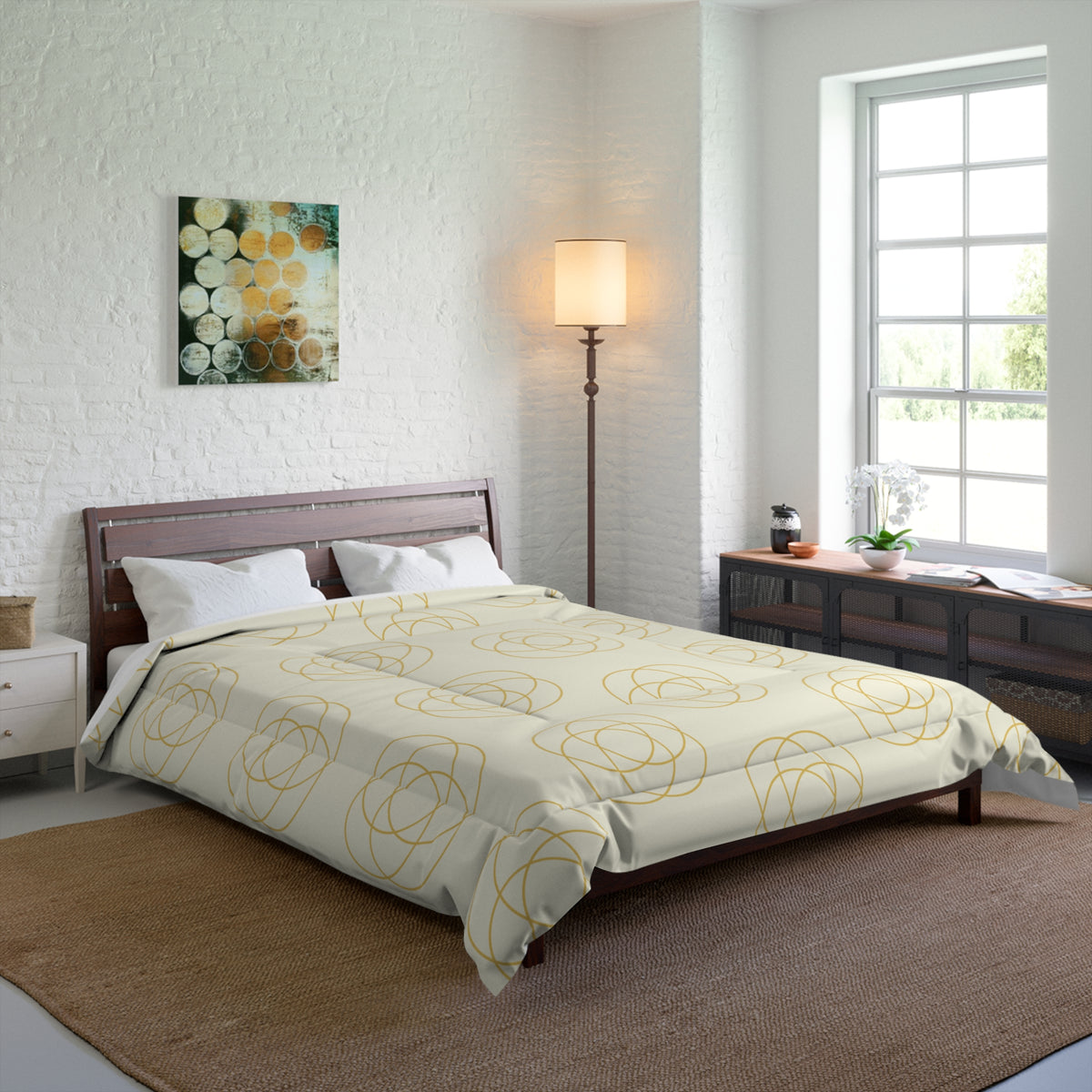 Creamy Intersecting Circles Polyester Comforter