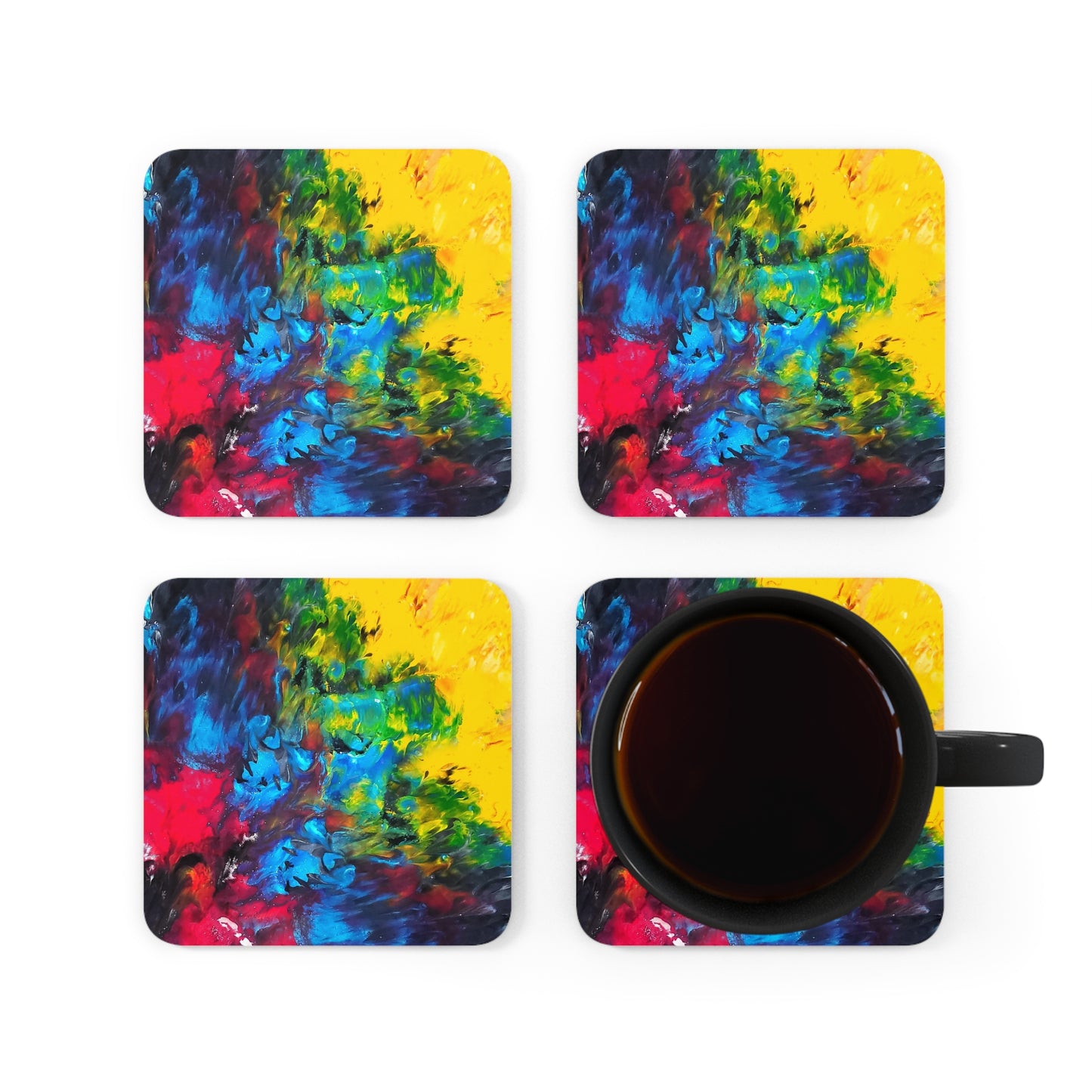 Colorful Paint Waves 4-Piece Corkwood Coaster Set
