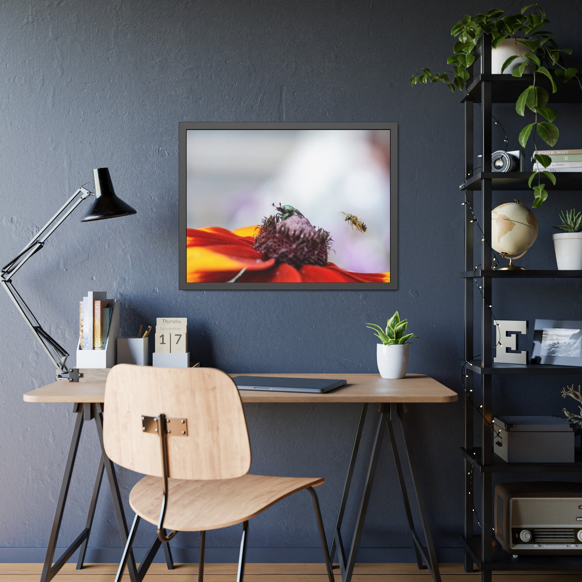 Japanese Beetle and Honey Bee Framed Print | Nature Photography