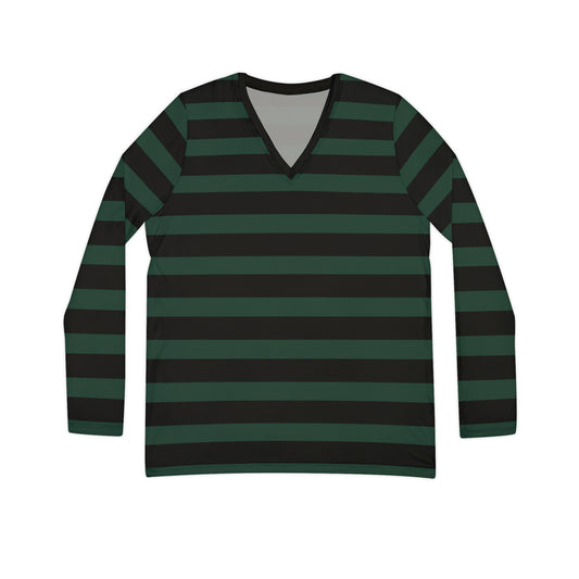 Dark Green + Black Striped Women's Long Sleeve V-neck Shirt