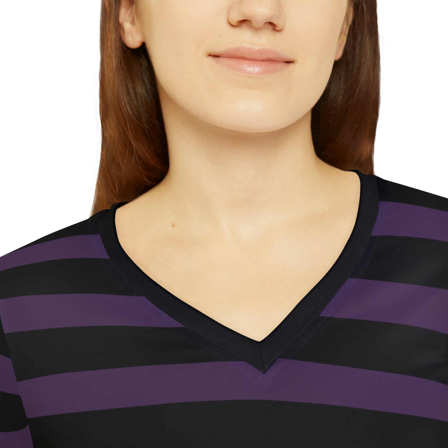 Purple + Black Striped Women's Long Sleeve V-neck Shirt