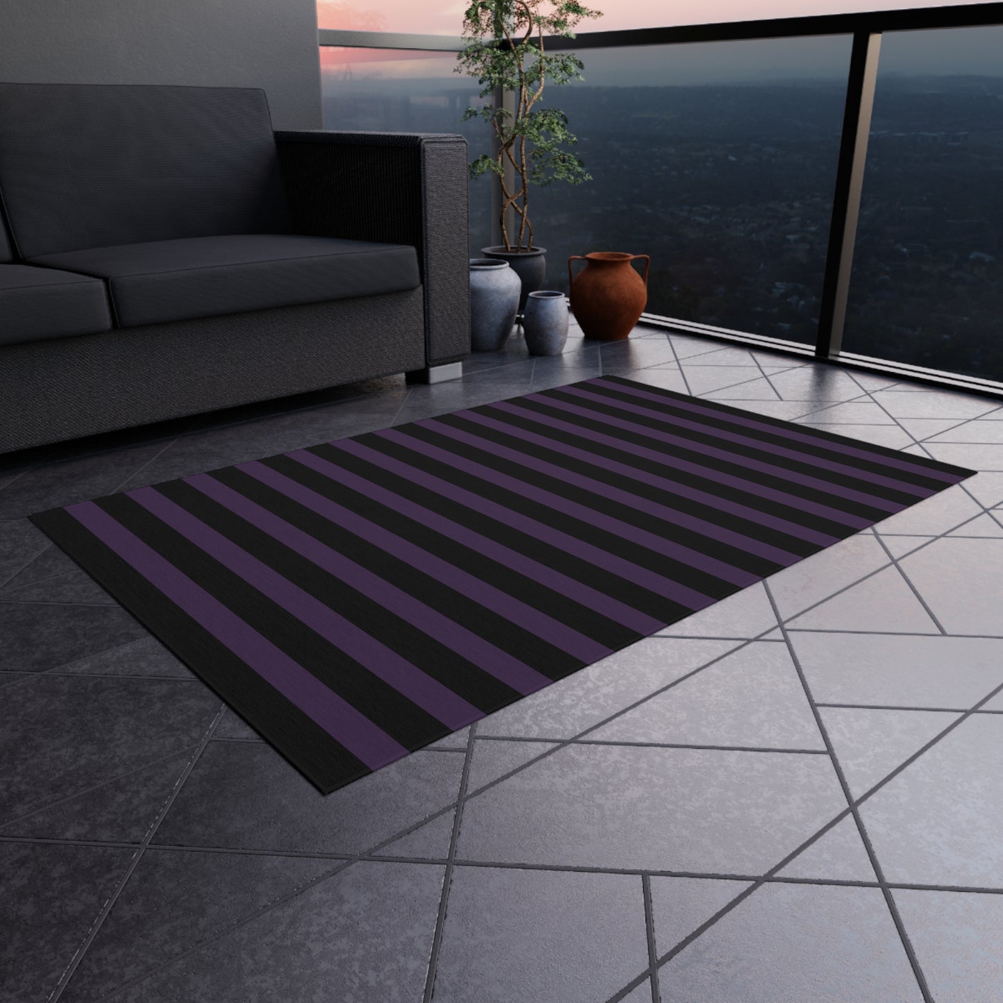 Black + Purple Striped Outdoor Rug