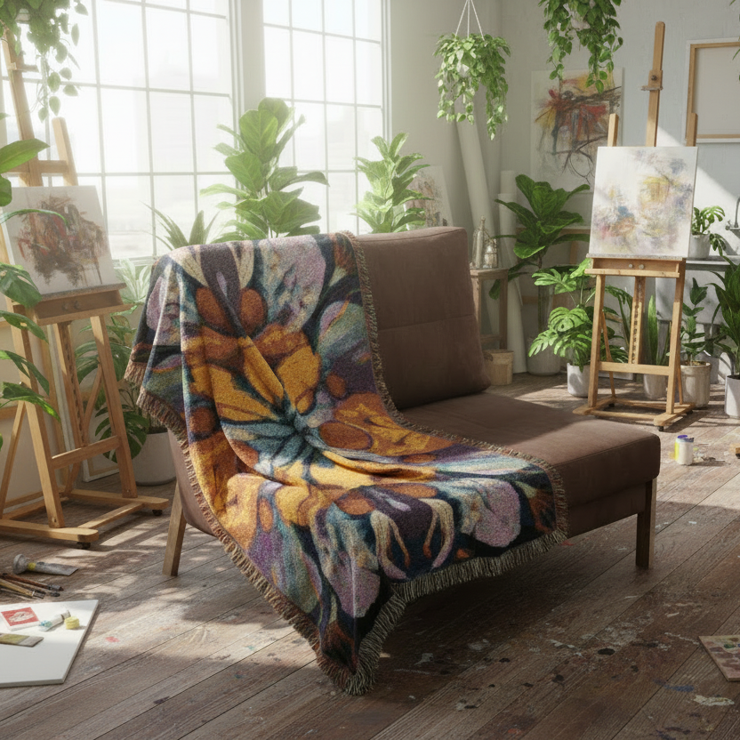 Painted Flower Symmetry 100% Cotton Woven Blanket (3 sizes) | Made In USA