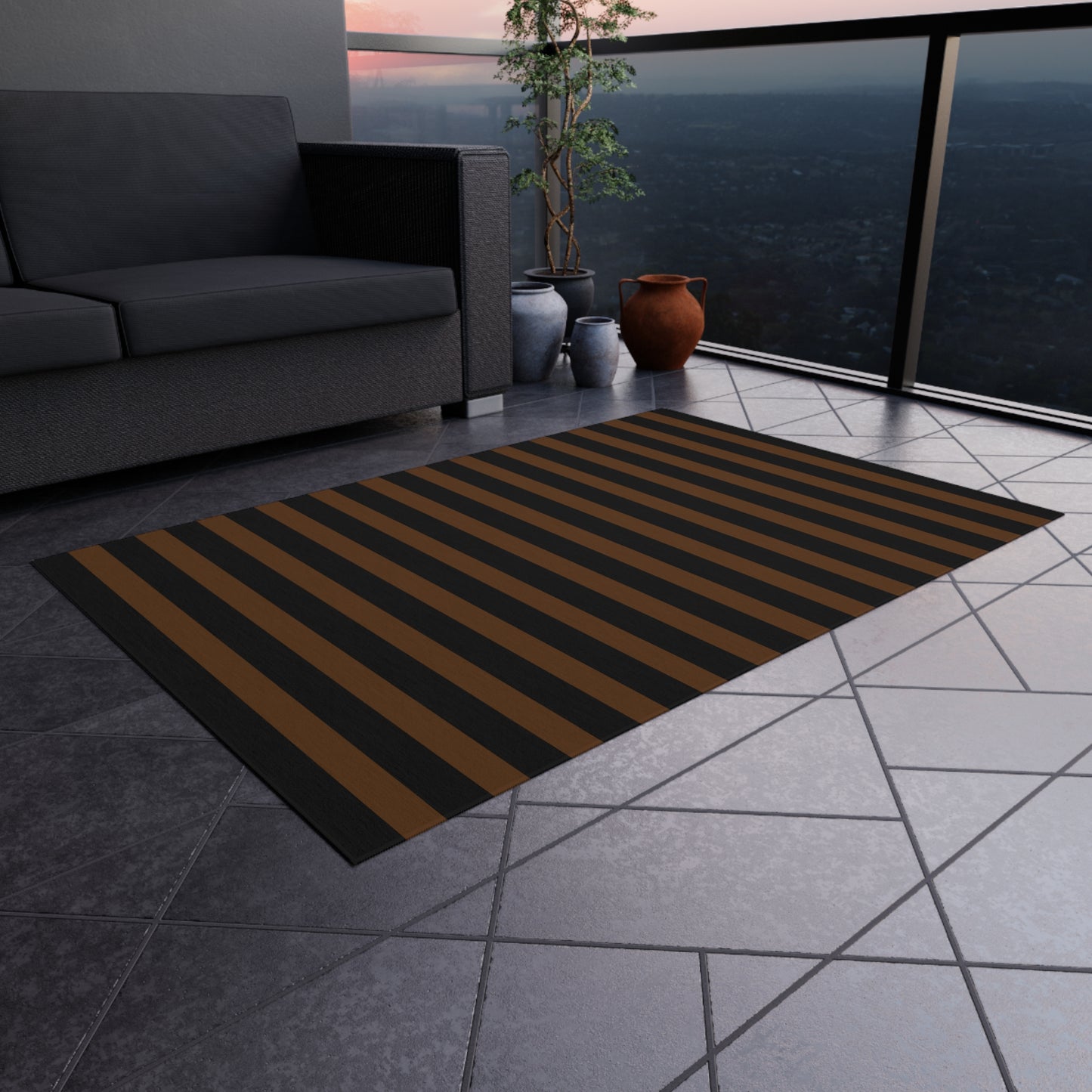 Black + Brown Striped Outdoor Rug