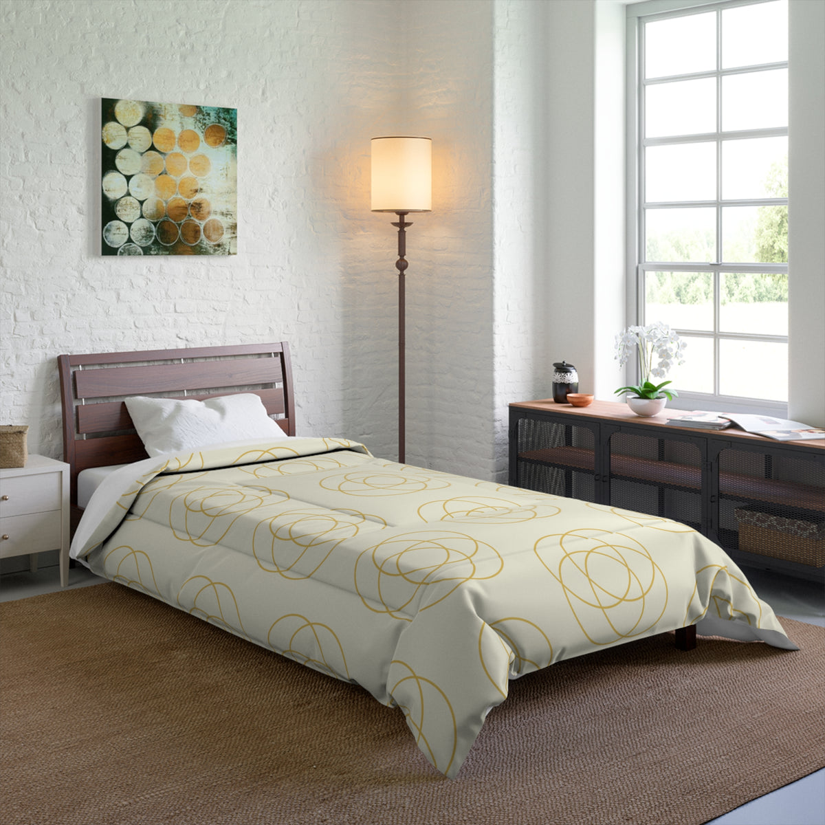 Creamy Intersecting Circles Polyester Comforter