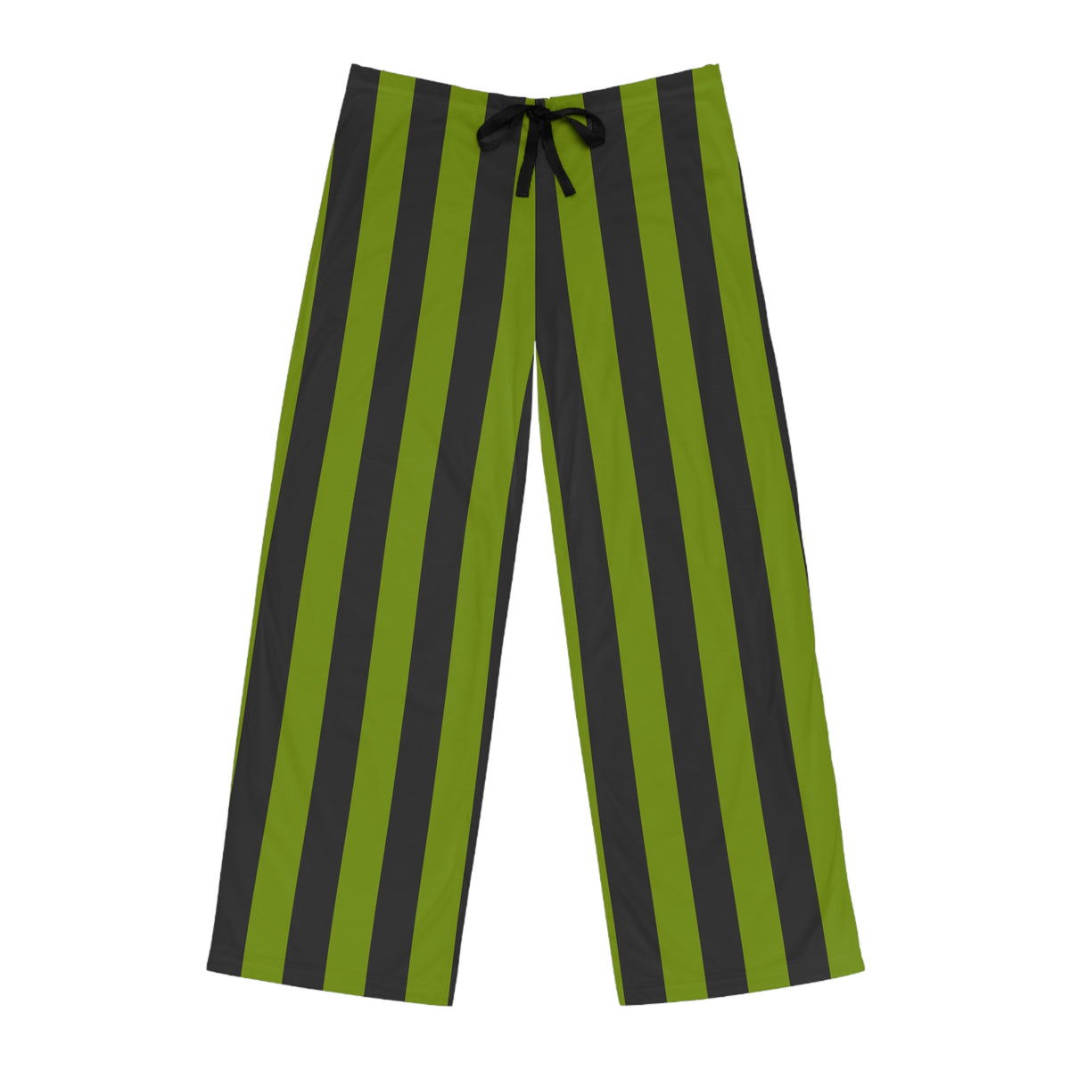 Terra Conserva men's pajama pants with avocado green and charcoal vertical stripes and a black drawstring, front view