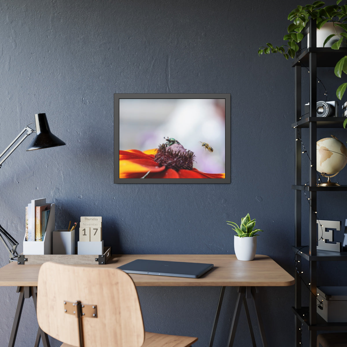 Japanese Beetle and Honey Bee Framed Print | Nature Photography