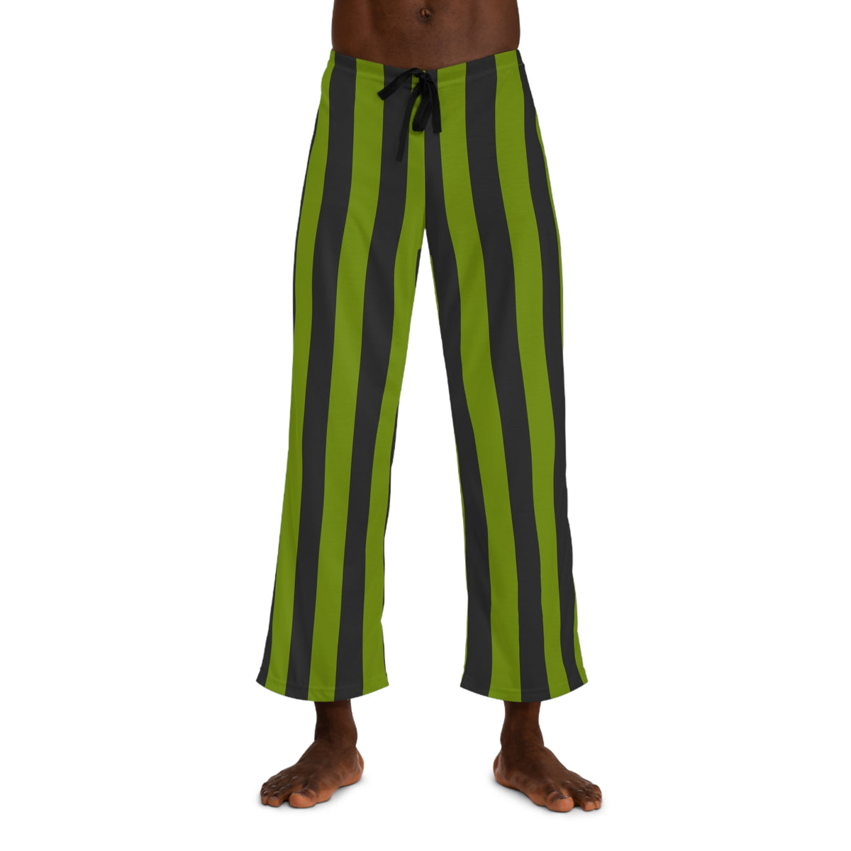 Front view of a model wearing Terra Conserva avocado green striped men's pajama pants with a black drawstring