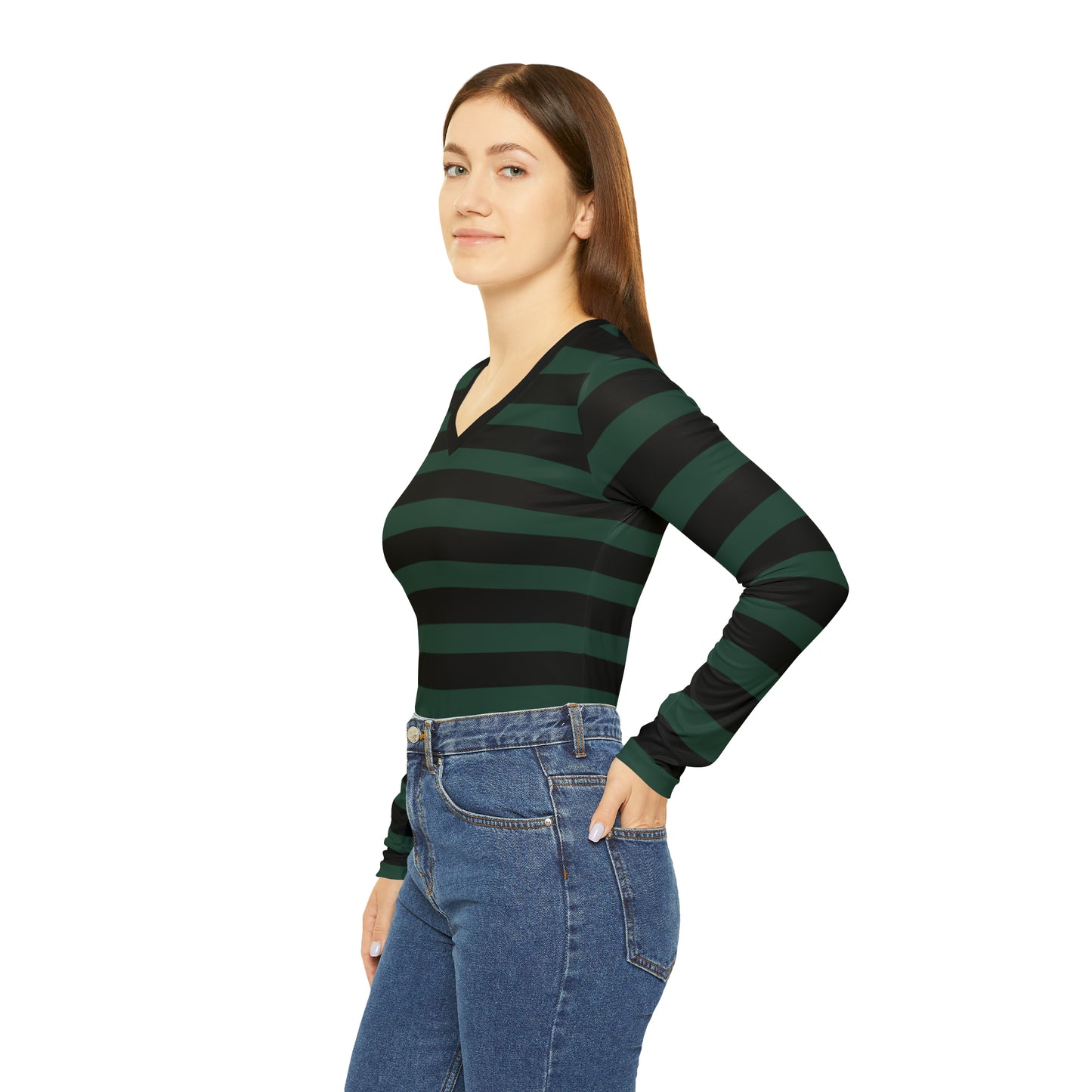 Dark Green + Black Striped Women's Long Sleeve V-neck Shirt