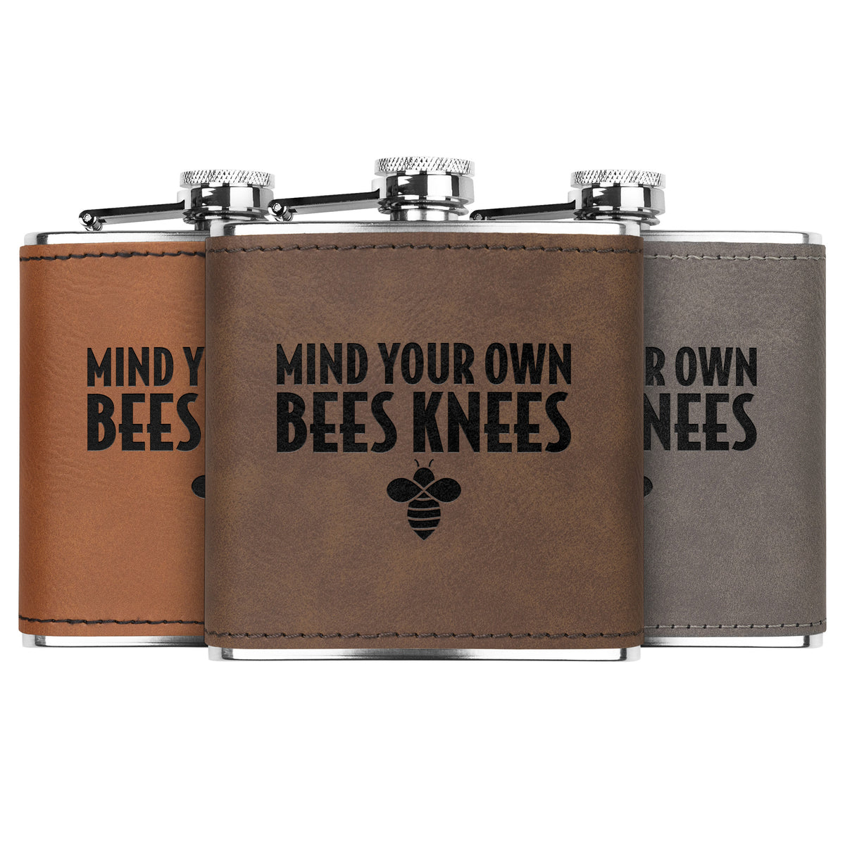 Mind Your Own Bees Knees Leather-Wrapped Stainless Steel Flask