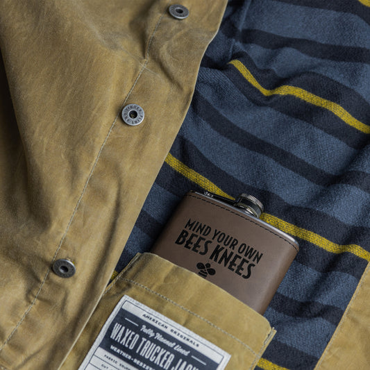 Mind Your Own Bees Knees Leather-Wrapped Stainless Steel Flask