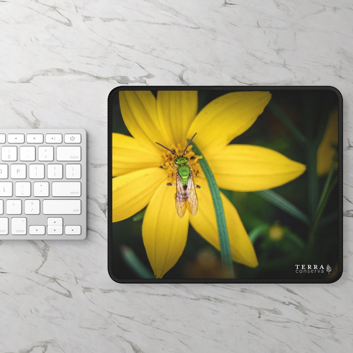 Metallic Green Bee on Yellow Flower Large Mouse Pad