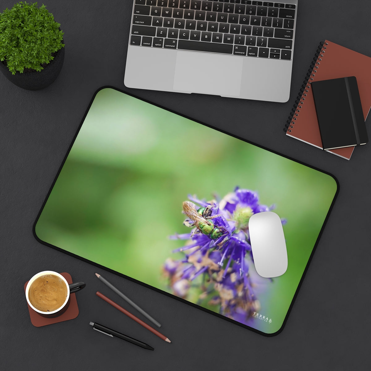 Green Sweat Bee Pollinates Flowers Full-Size Gaming Mousepad