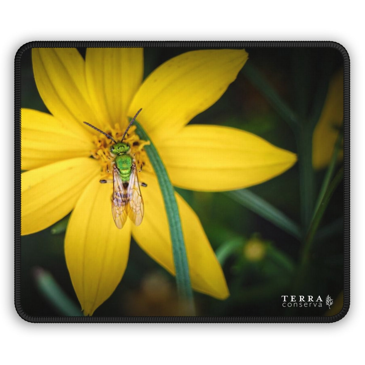 Metallic Green Bee on Yellow Flower Large Mouse Pad