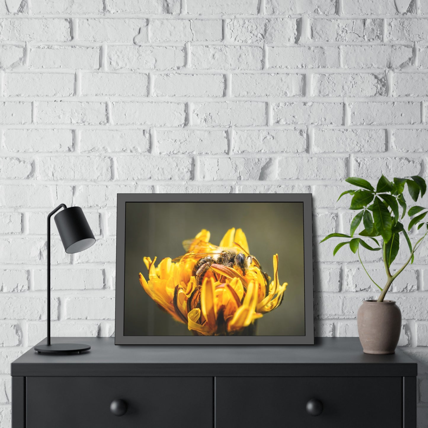 Macro Bee Pollinating Dandelion Framed Print | Nature Photography