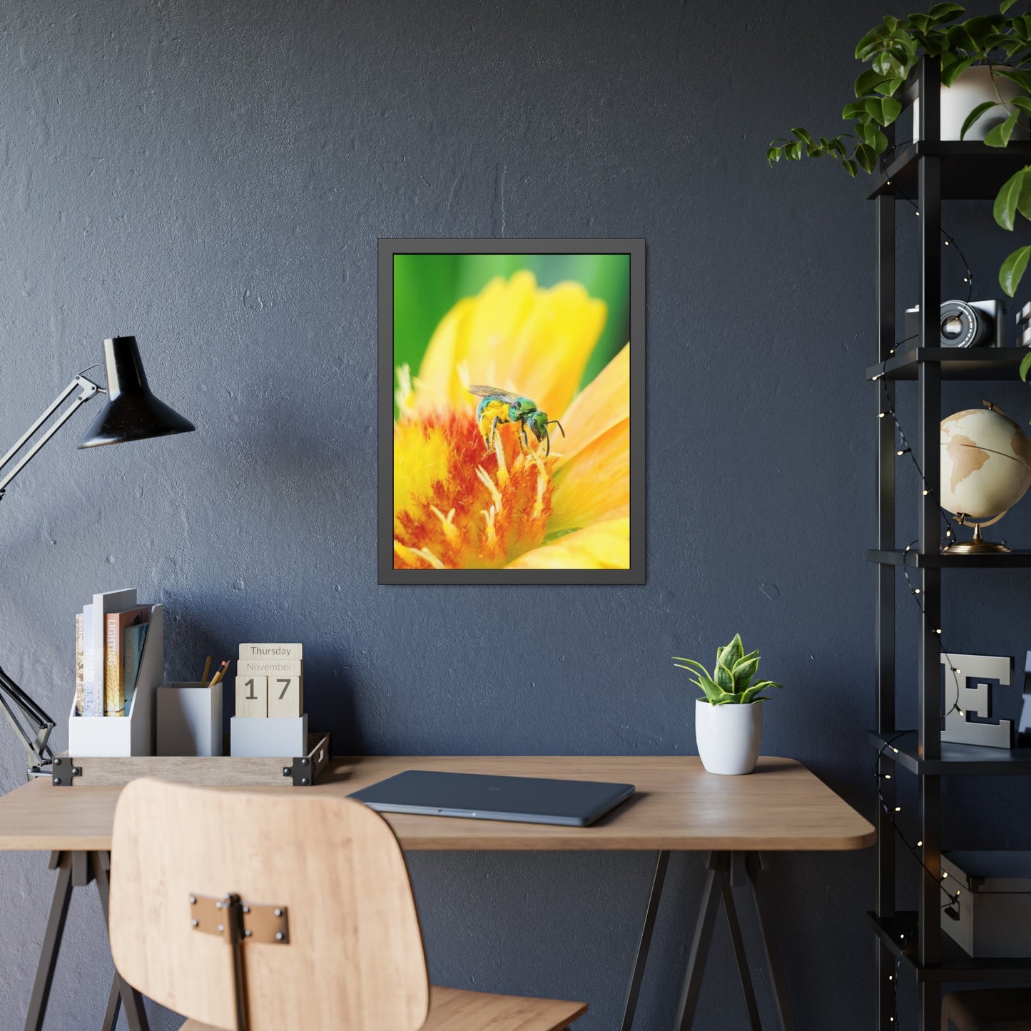 Metallic Green Bee Framed Print | Nature Photography