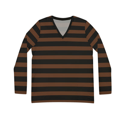 Brown + Black Striped Women's Long Sleeve V-neck Shirt