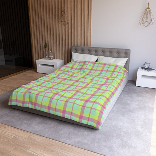 Neon Green + Pink Plaid Woven Duvet Cover