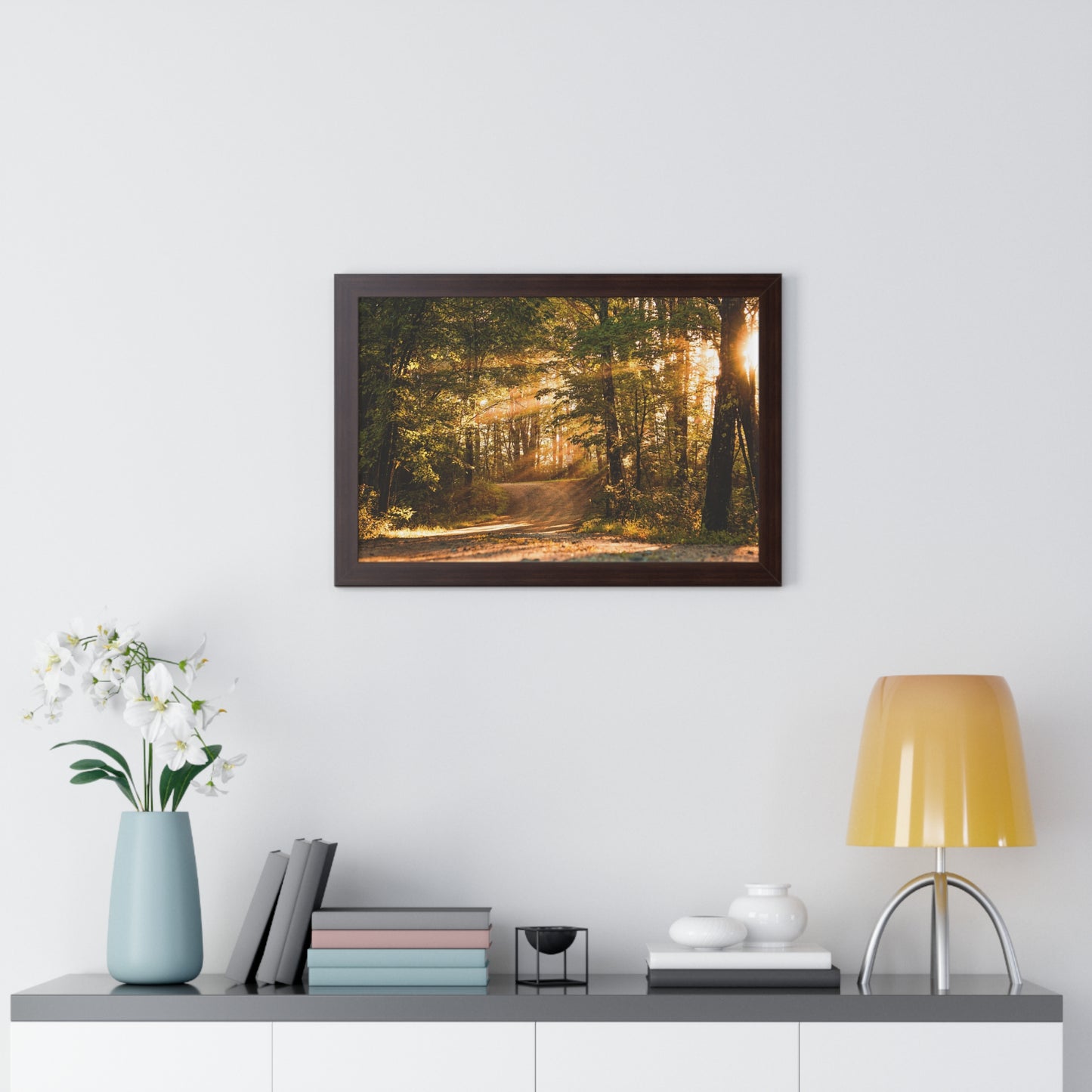 Sunbeams Streaming Onto Forest Path Framed Matte Print