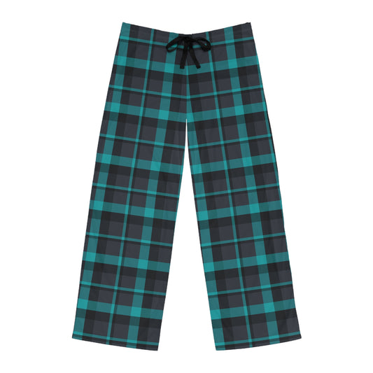 Terra Conserva men's muted green and charcoal plaid pajama pants with a black drawstring, front view