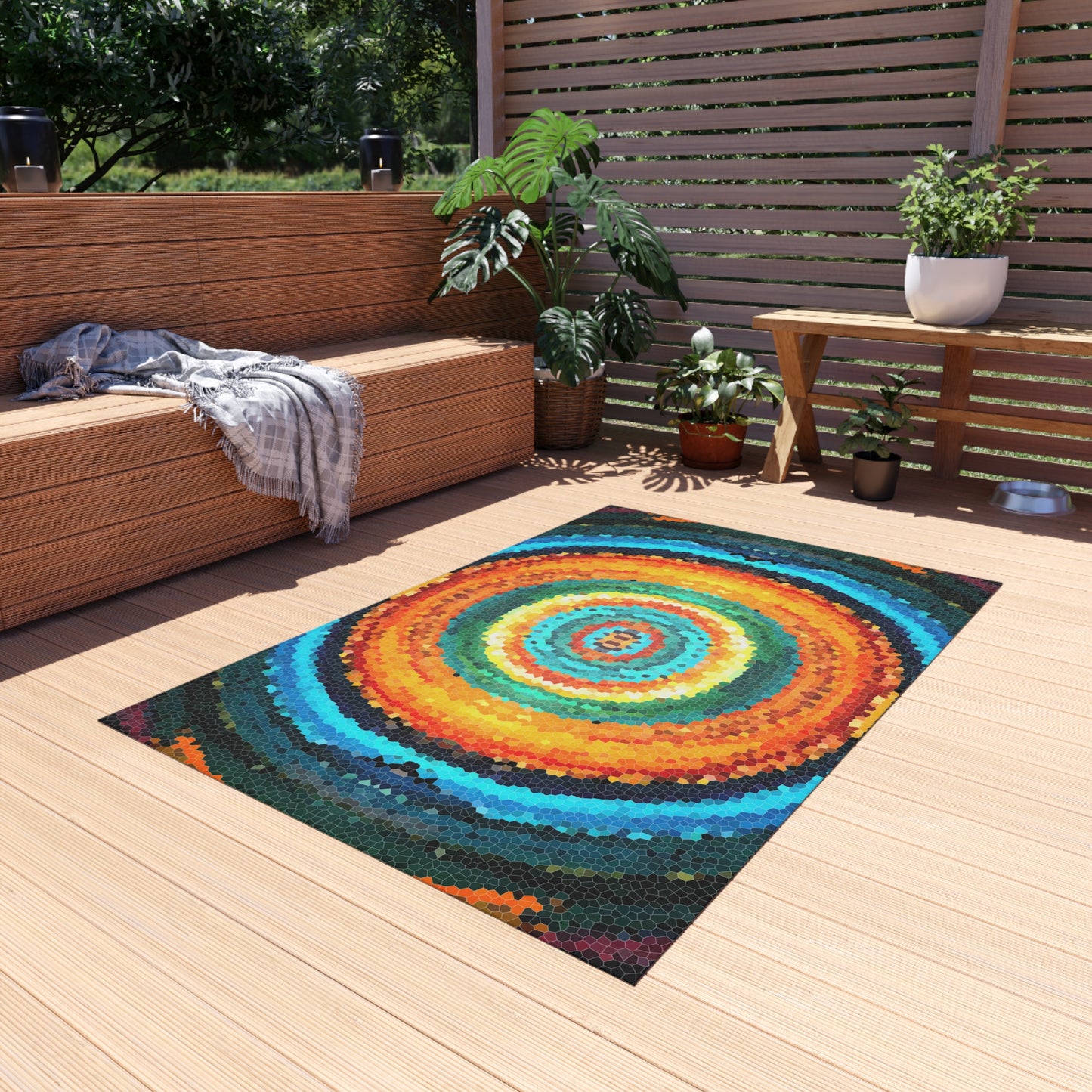Pixel Mosaic Teal Orange Outdoor Rug