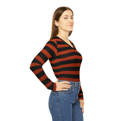 Earthy Red + Black Striped Women's Long Sleeve V-neck Shirt