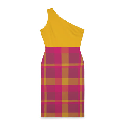 Pink + Yellow Plaid Women's Asymmetrical Shoulder Dress