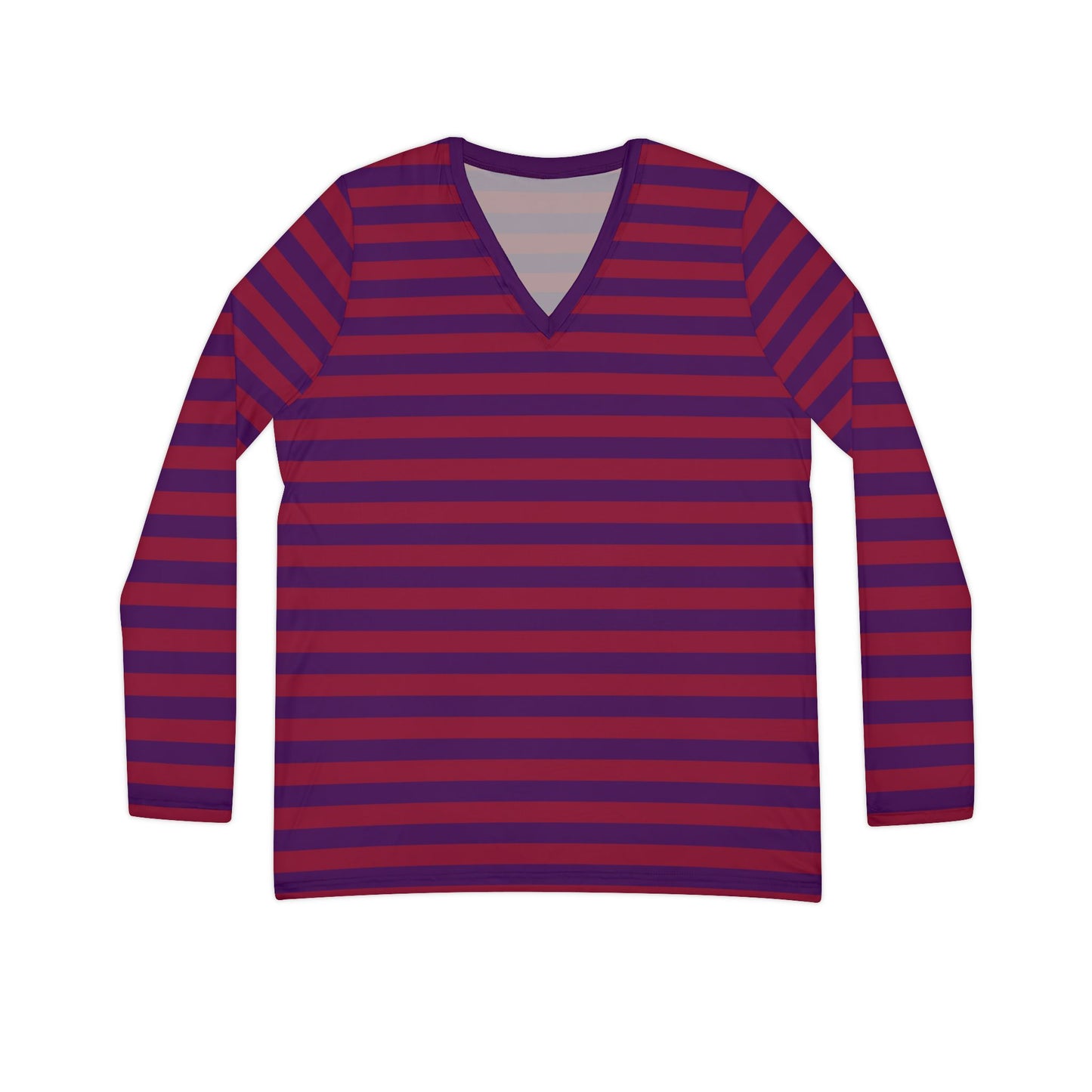 Red + Purple Skinny Striped Women's Long Sleeve V-neck Shirt