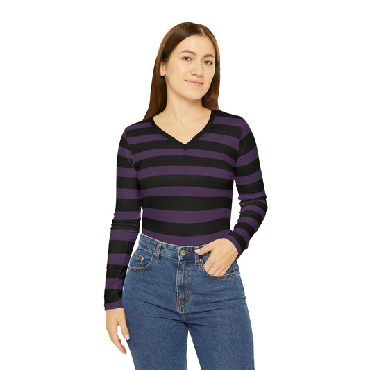 Purple + Black Striped Women's Long Sleeve V-neck Shirt