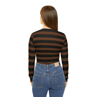 Brown + Black Striped Women's Long Sleeve V-neck Shirt