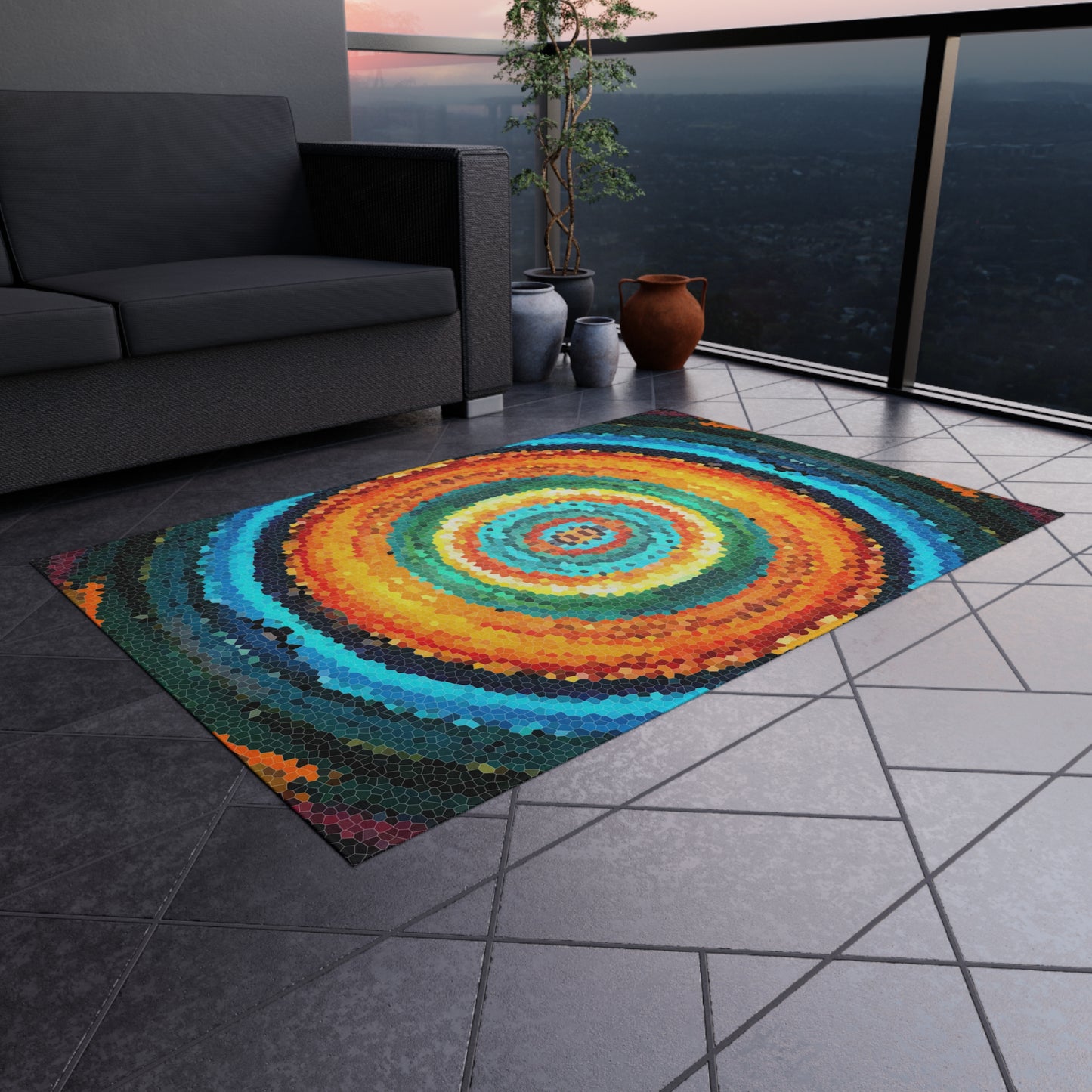 Pixel Mosaic Teal Orange Outdoor Rug