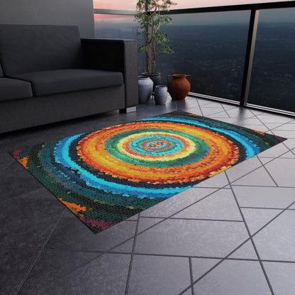 Pixel Mosaic Teal Orange Outdoor Rug